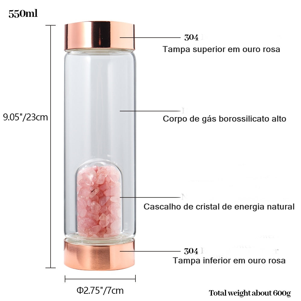 Garrafa de Água de Vidro Ouro Rosa Cristal Natural. - Lindas & Cia Shop