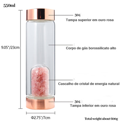 Garrafa de Água de Vidro Ouro Rosa Cristal Natural. - Lindas & Cia Shop